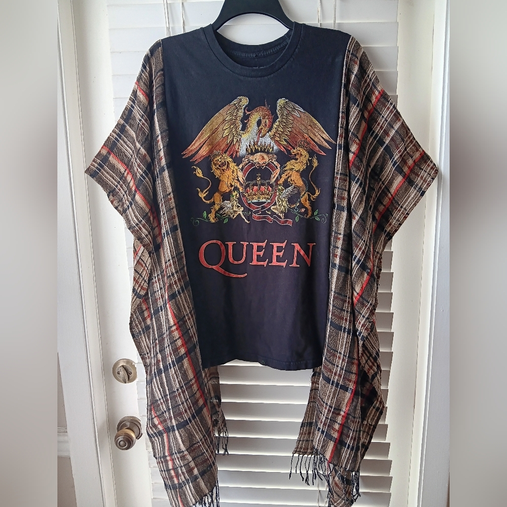 SOLD!!!Upcycled Queen Band Graphic Tee Poncho